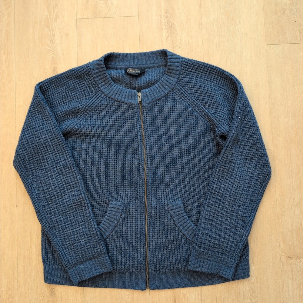 Pendleton Mens Large Blue 100% Merino Wool Full Zip Waffle Knit Cardigan Sweater